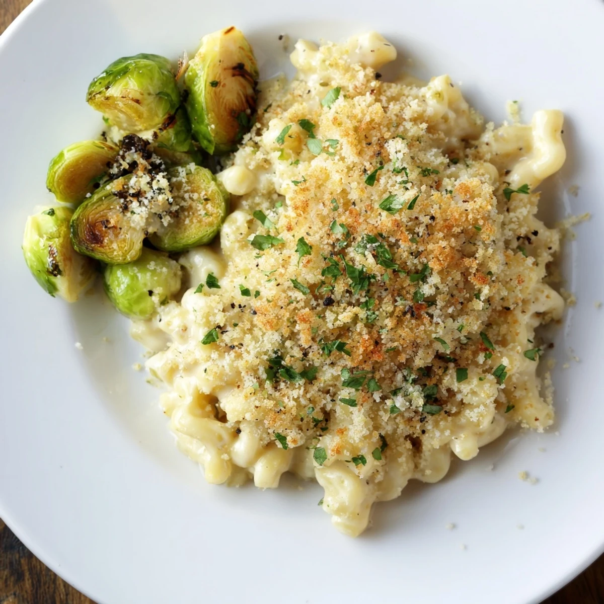 Golden, bubbly sheet pan mac and cheese with perfectly roasted Brussels sprouts, ready to serve.