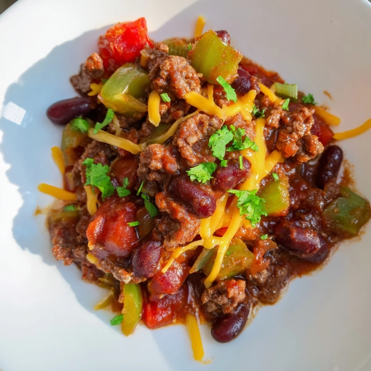This easy quick chili with canned beans shows a hearty, flavorful stew, ready for a cozy dinner.