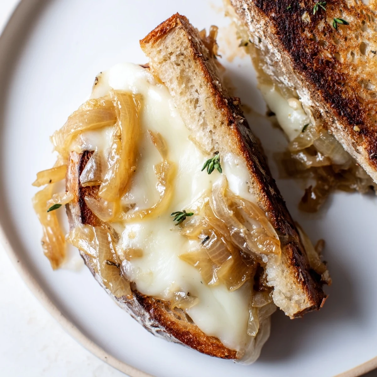 Golden-brown French Onion Grilled Cheese sandwich, oozing with melted cheese and savory caramelized onions.