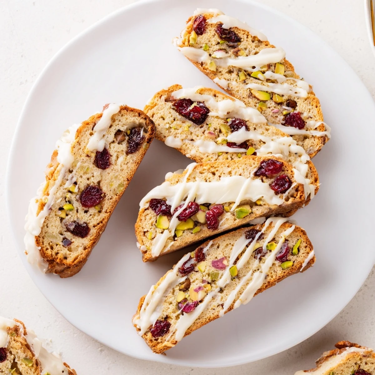 These homemade white chocolate cranberry pistachio biscotti sparkle, coated in drizzled, melted white chocolate.