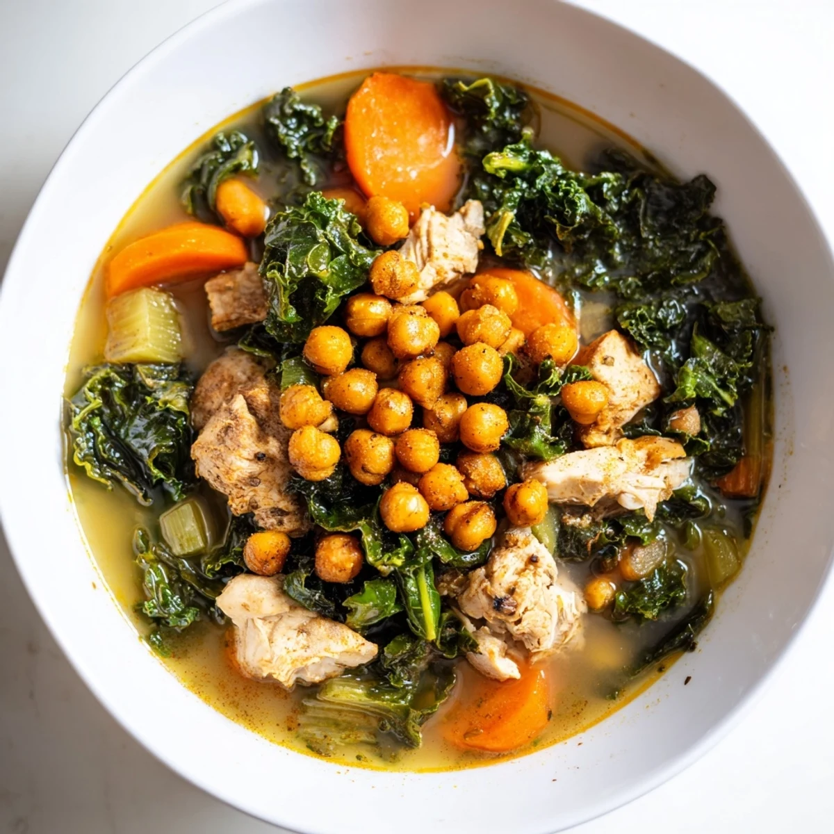 Steaming bowl of Chicken Kale Soup with crispy chickpeas, a vibrant, wholesome meal made in America.
