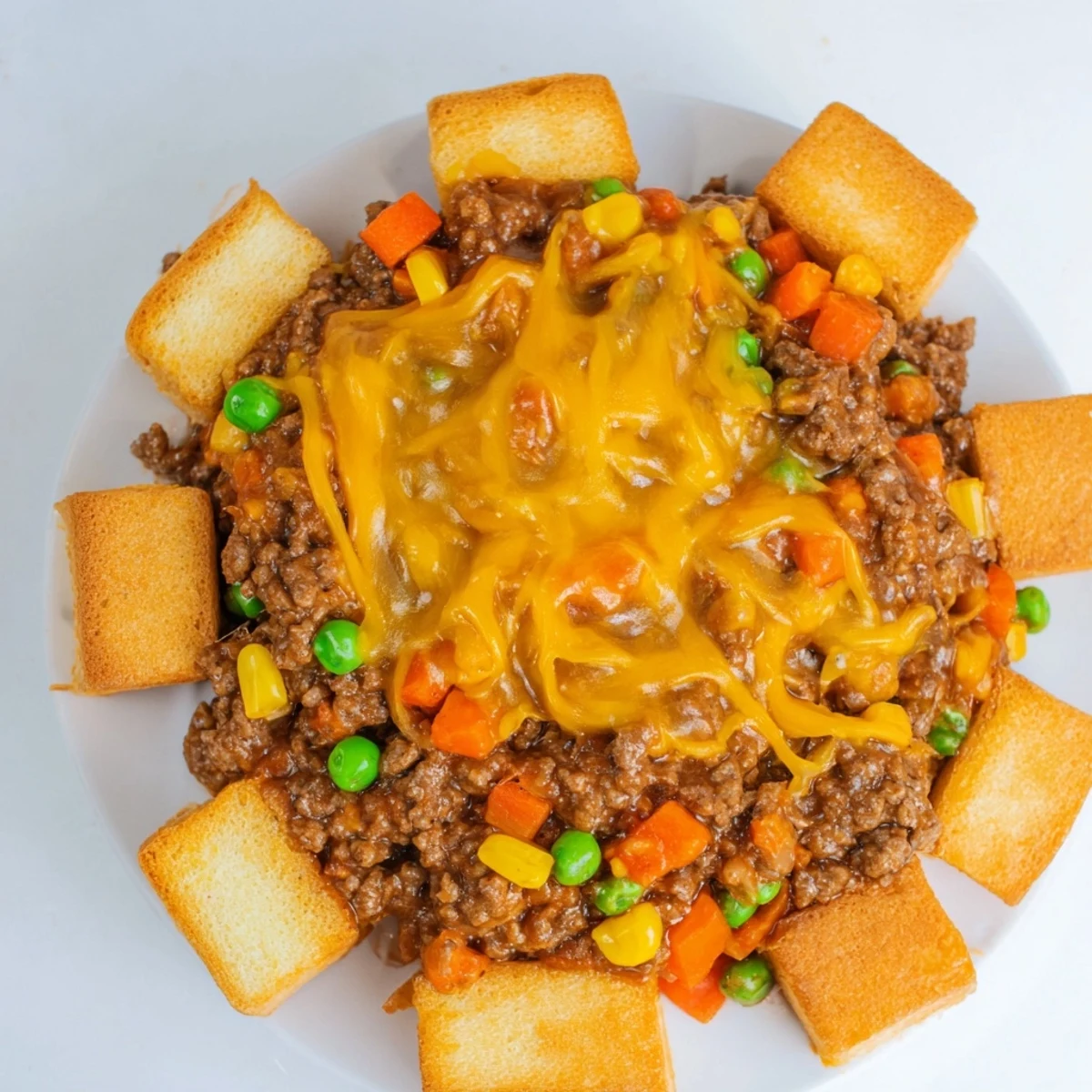 Sizzling 5-Ingredient Sloppy Joe Casserole, a cheesy, savory baked comfort food meal.
