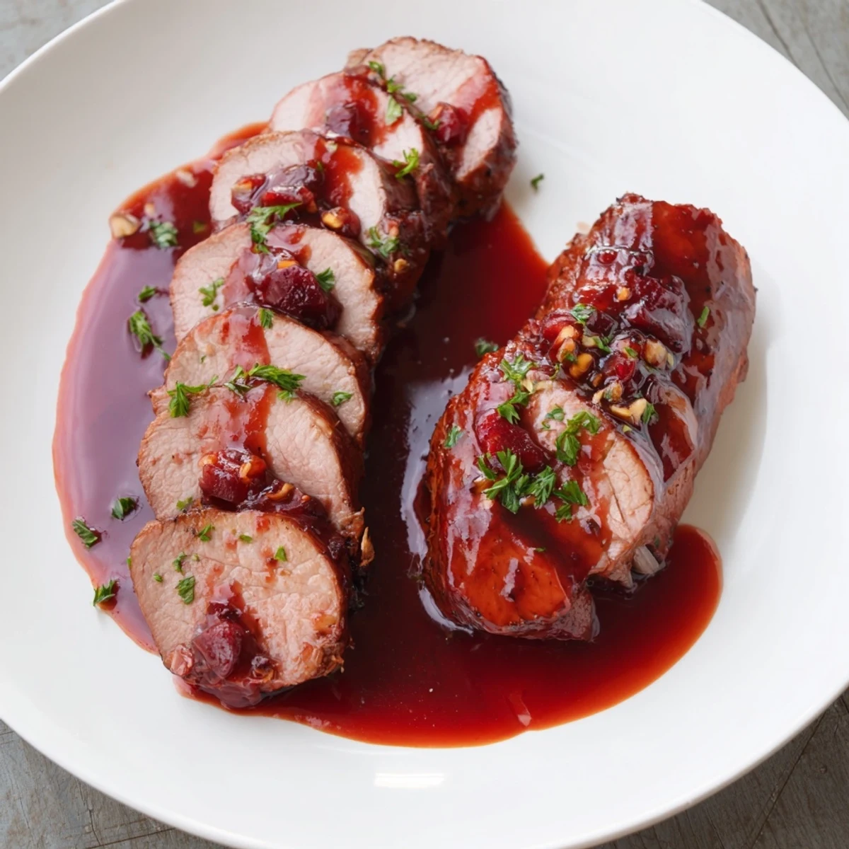 Savory slices of Tart Cherry Date Glazed Pork Tenderloin glistening with a sweet, balsamic-infused glaze.