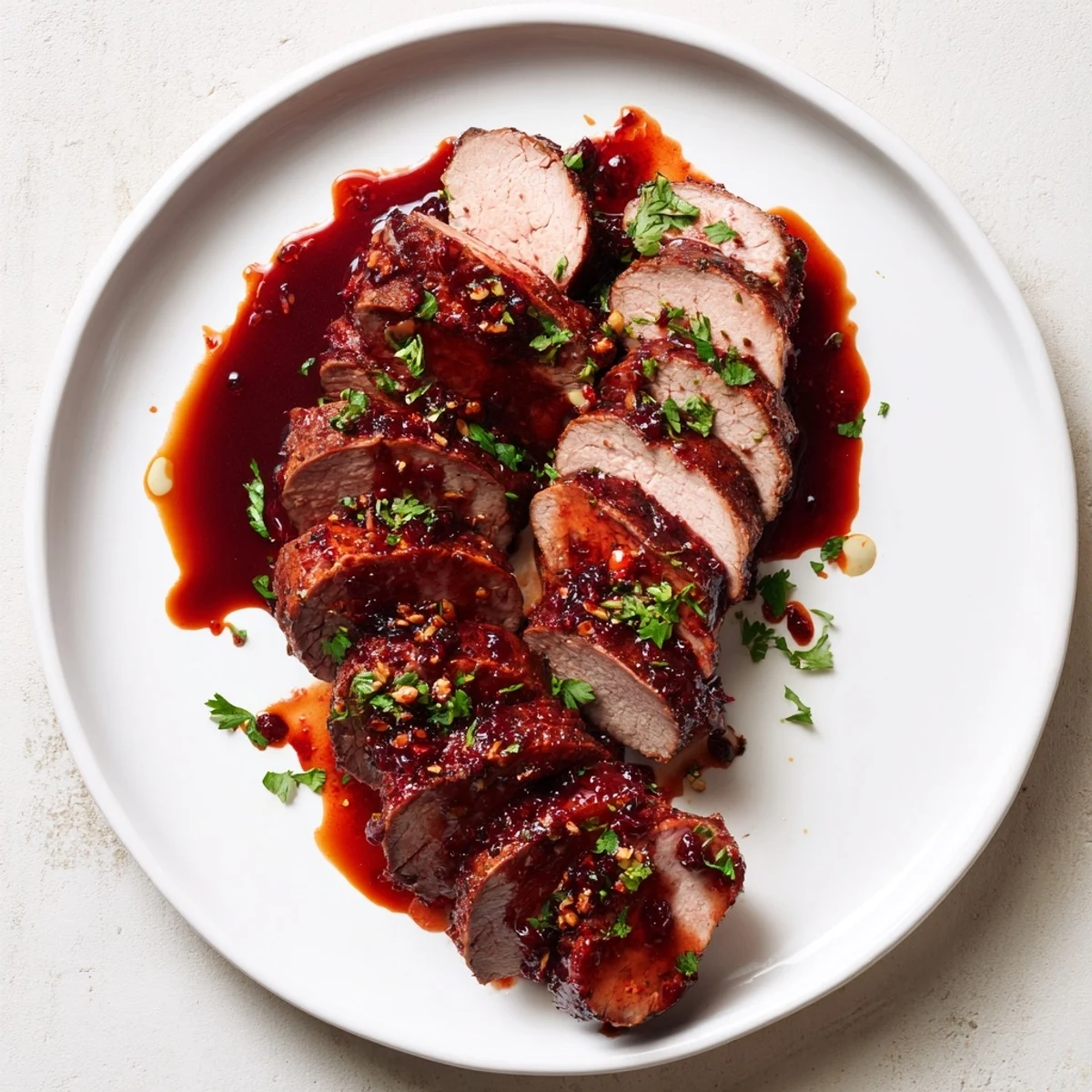 Close-up of tender, juicy Tart Cherry Date Glazed Pork Tenderloin showcasing the rich, fruity sauce.