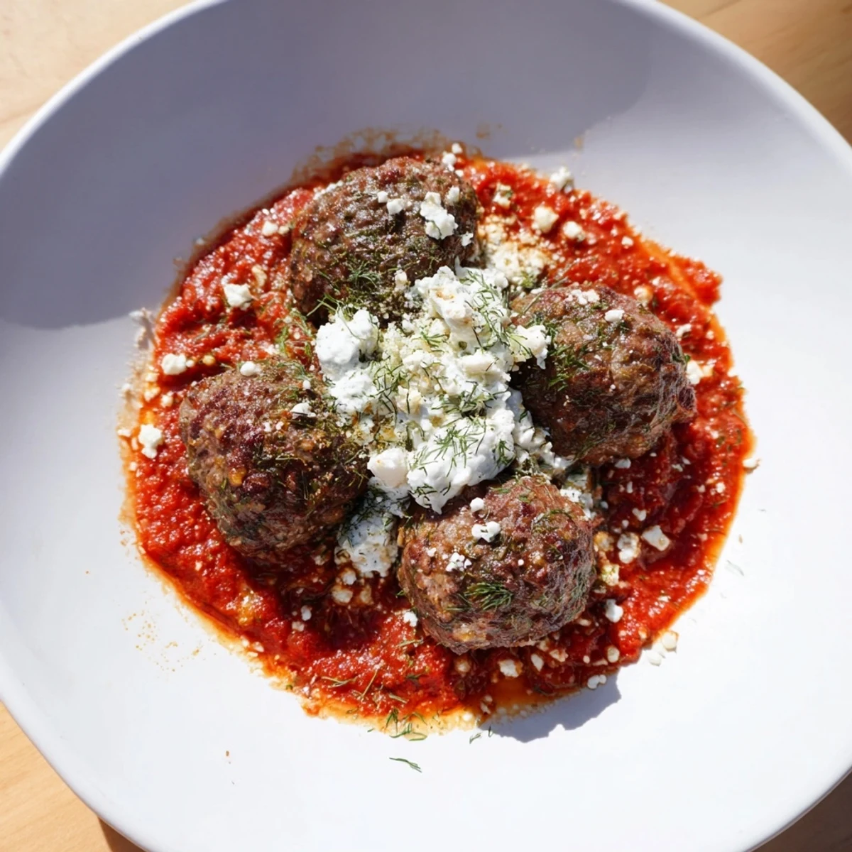 Close-up of juicy Instant Pot Greek-Style Meatballs, smothered in rich tomato sauce and creamy feta.