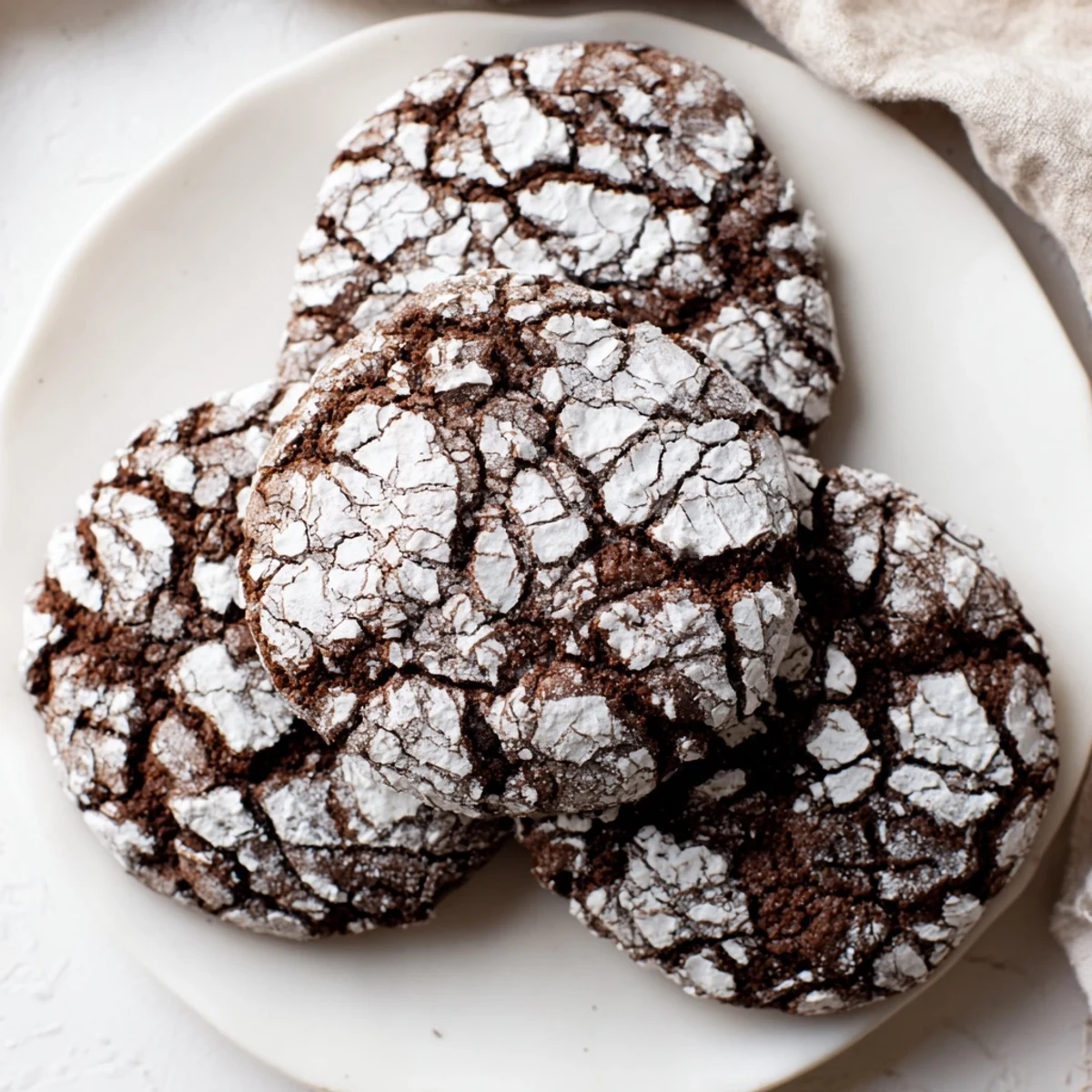 Warm, crackly Chocolate Crinkle Cookies fresh from the oven, ready to enjoy with a glass of milk.