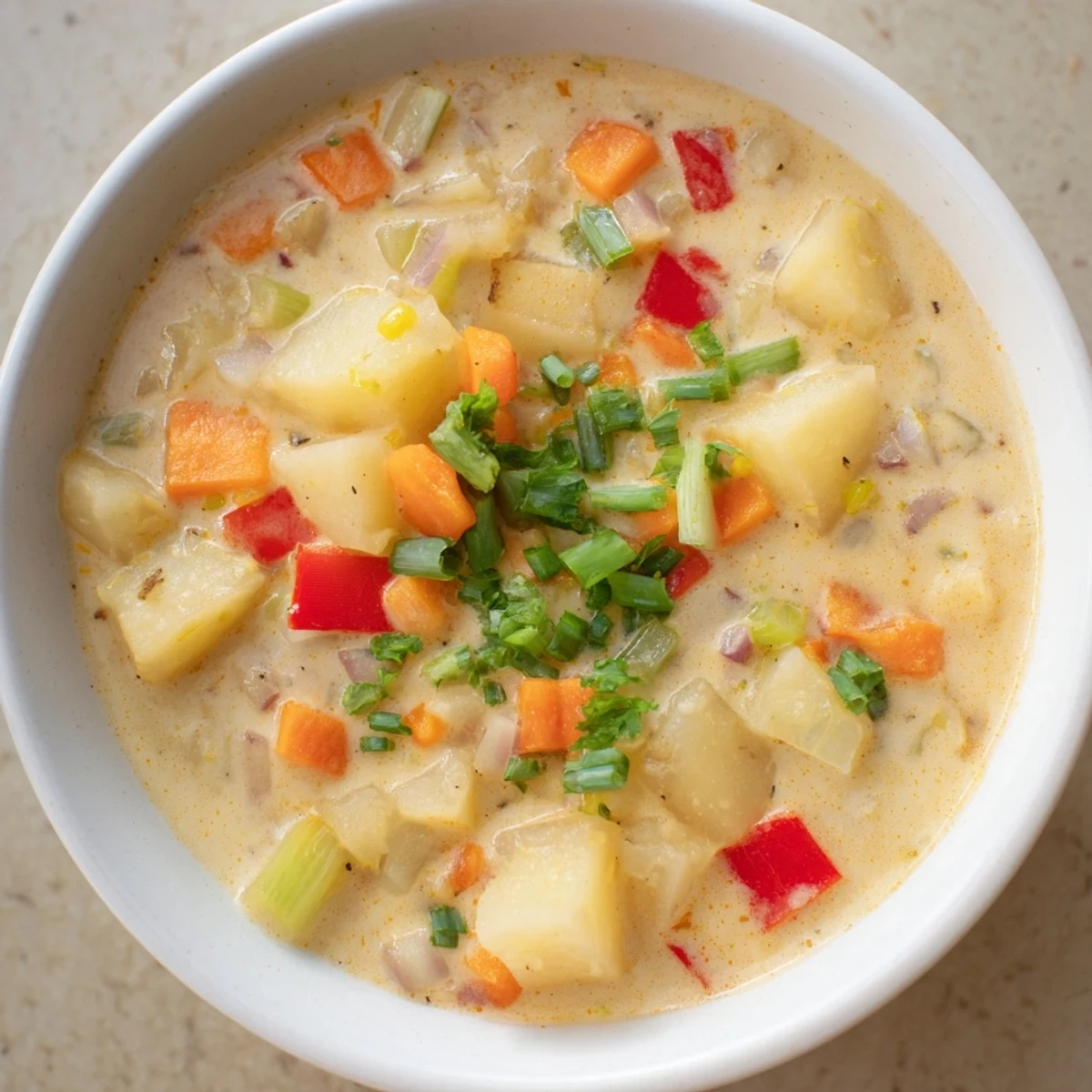 Creamy, steaming Slow Cooker Cajun Potato Soup with herbs, perfect for a cozy, comforting dinner.