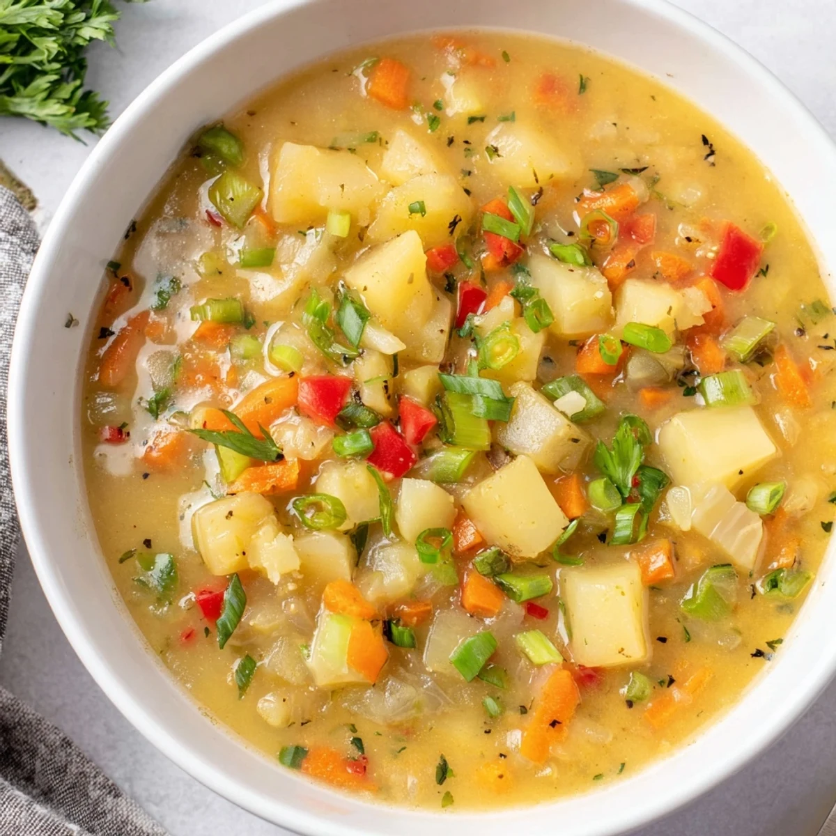 A bowl of flavorful Slow Cooker Cajun Potato Soup, chunky with vegetables and topped with fresh green onions.