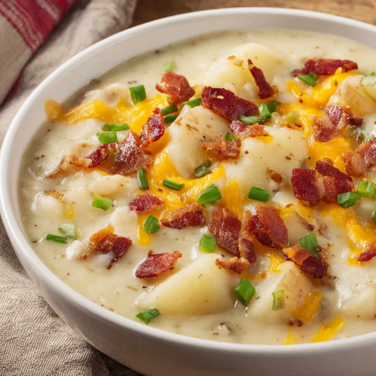 This creamy Crockpot Loaded Baked Potato Soup features a hearty texture with savory toppings.