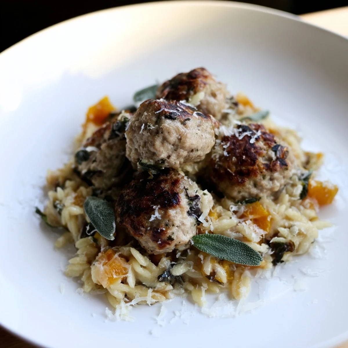 Steaming bowl of sage turkey meatballs with pumpkin orzo, ready for a comforting meal.
