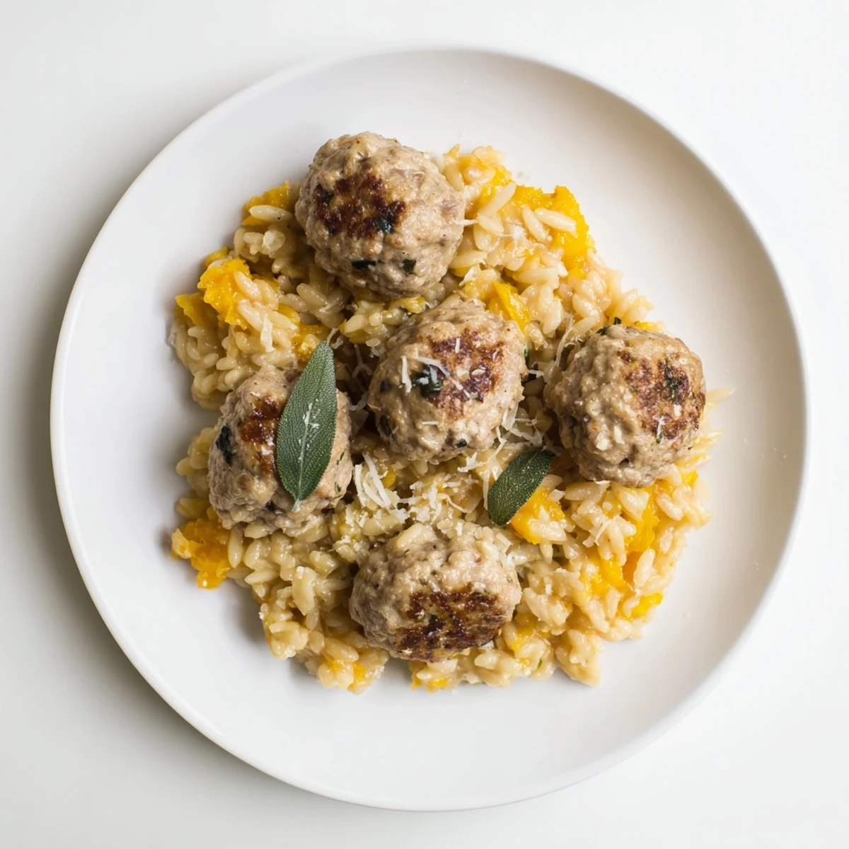 A close-up of savory sage turkey meatballs served atop creamy pumpkin orzo, wonderfully delicious.