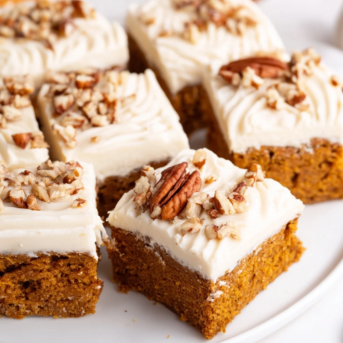 Close-up of golden Pumpkin Bars with rich brown sugar frosting, ready to be enjoyed.