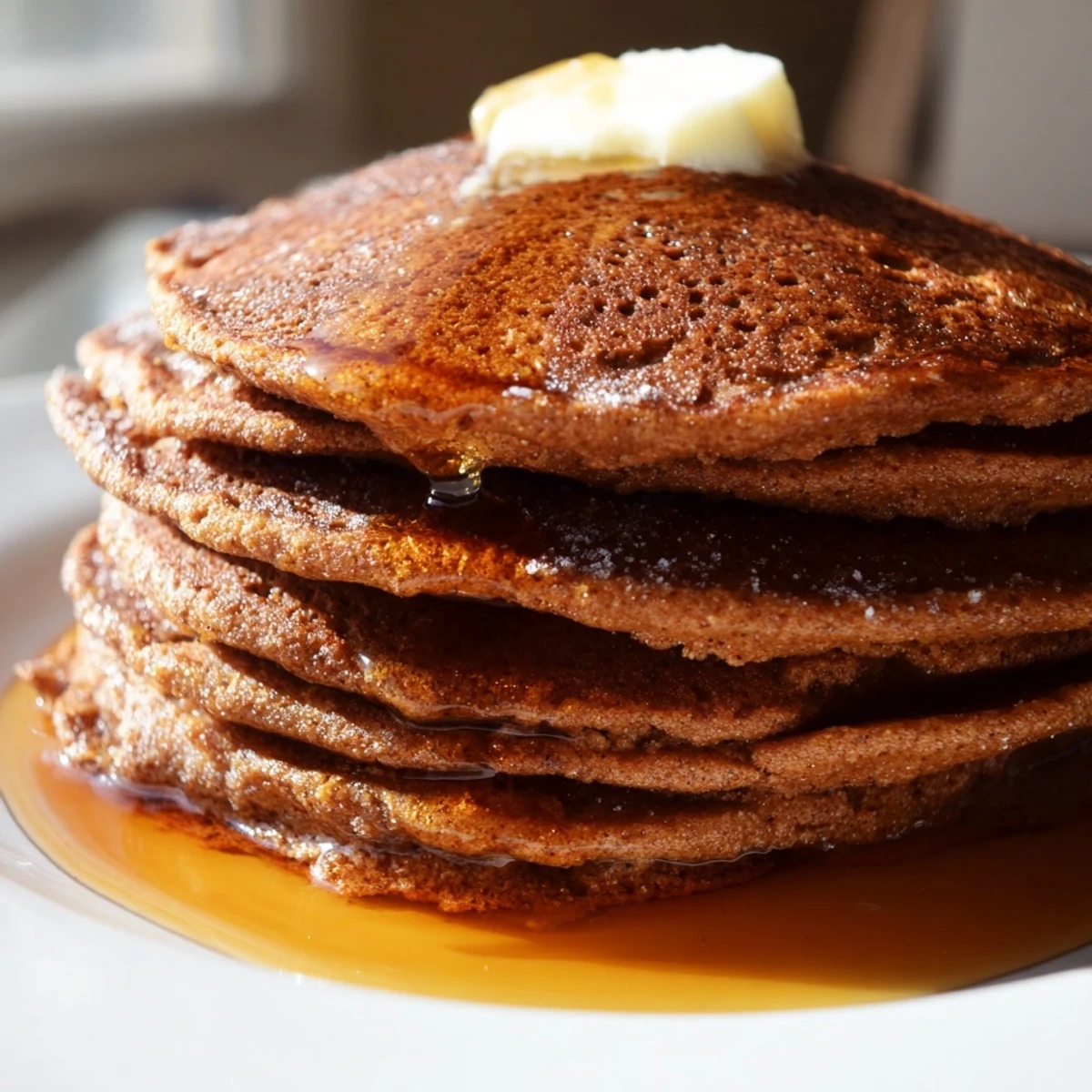 Golden brown Gingerbread Pancakes stacked high, ready to be drizzled with warm maple syrup.