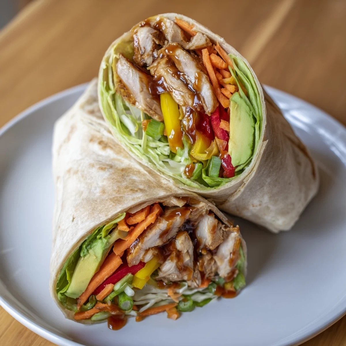 A close-up of a delicious teriyaki chicken wrap, showing juicy chicken and fresh fillings.