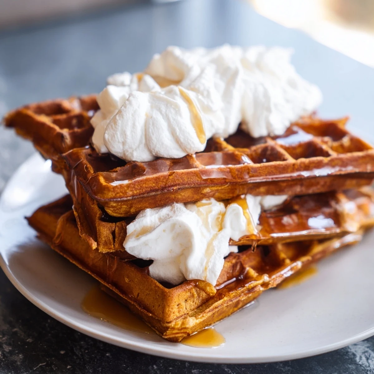 Golden, crispy Express Gingerbread Waffle Stacks served on a plate, ready for breakfast or dessert.