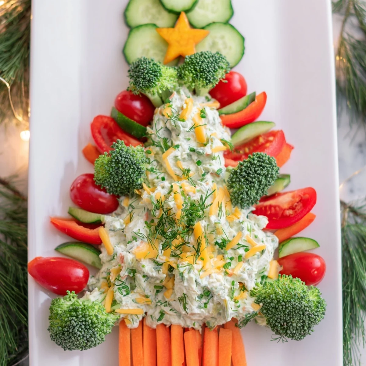 Holiday-ready Christmas Tree Dip Platter, a close-up of the creamy dip surrounded by vibrant vegetables.