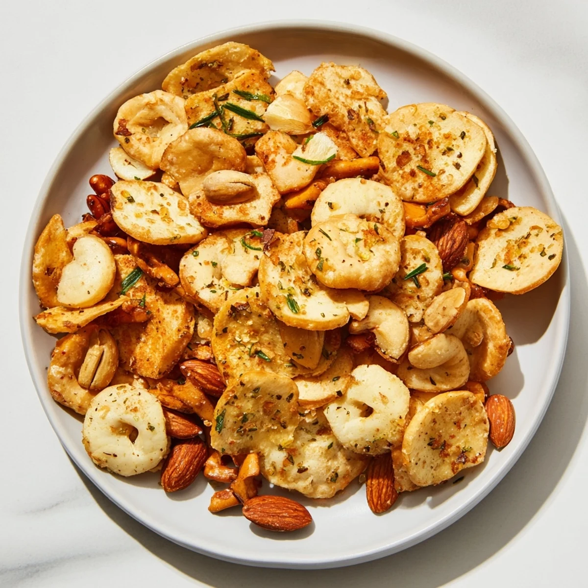 Crispy air fryer bagel chip mixture with pretzels, nuts, and festive holiday candies, a perfect snack.