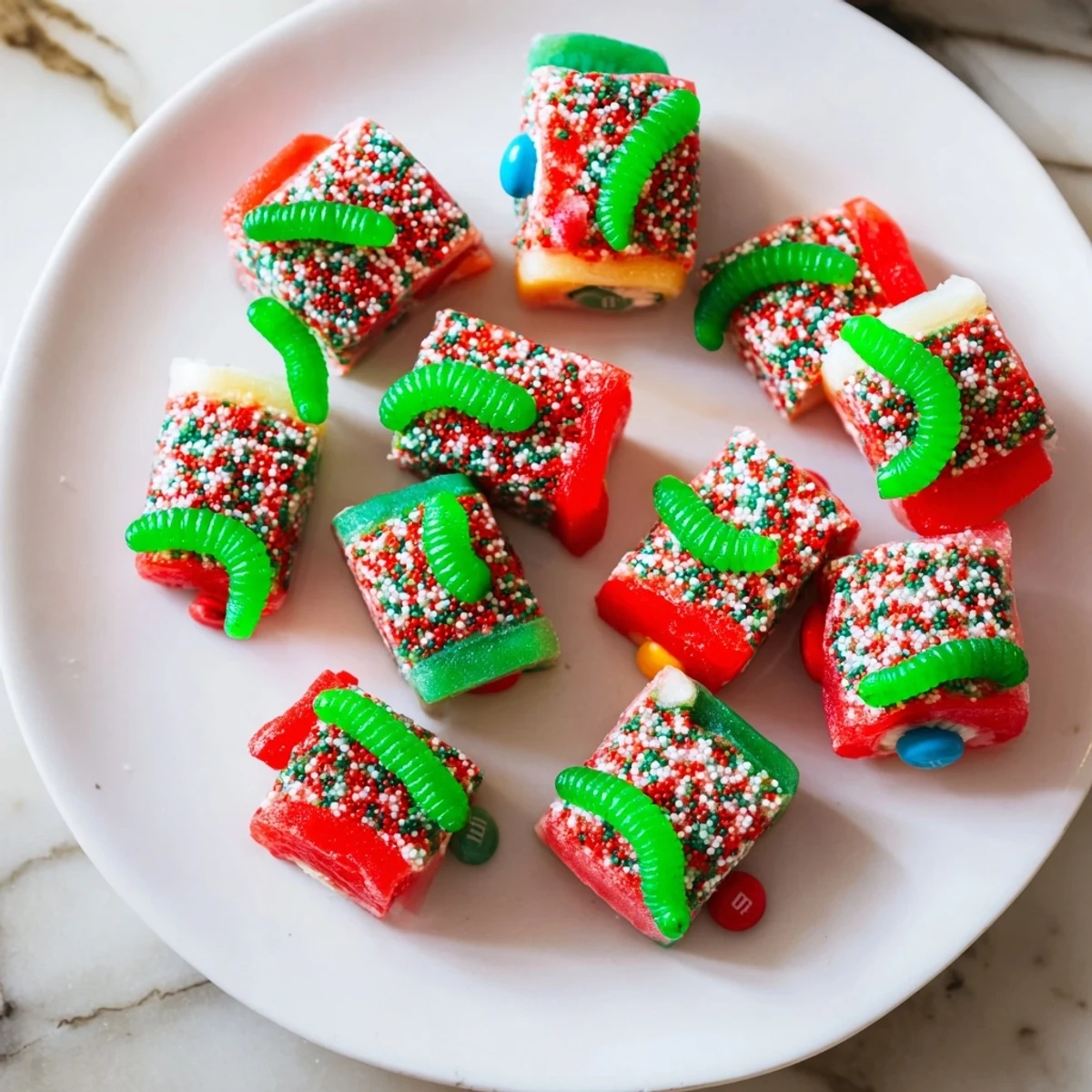 Delicious Easy Christmas Fruit Rollup Sushi slices, depicting colorful sushi showcasing holiday candies.