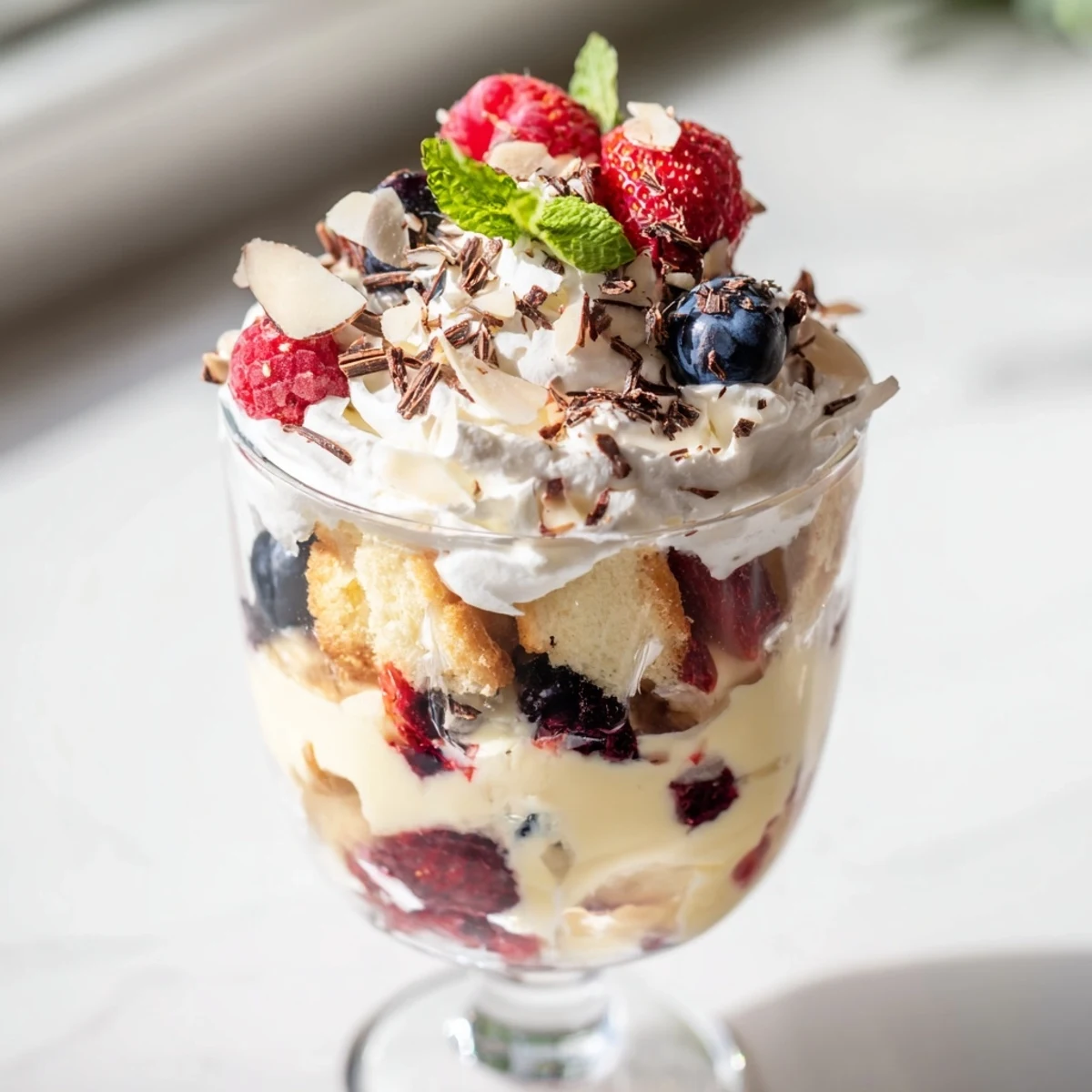Close-up of a Christmas Trifle Cup, each layer beautifully arranged for a no-bake, easy dessert.