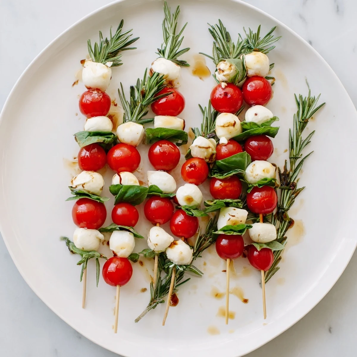 Bright red cherry tomatoes and creamy mozzarella make up these simple Easy Christmas Tree Caprese Skewers.