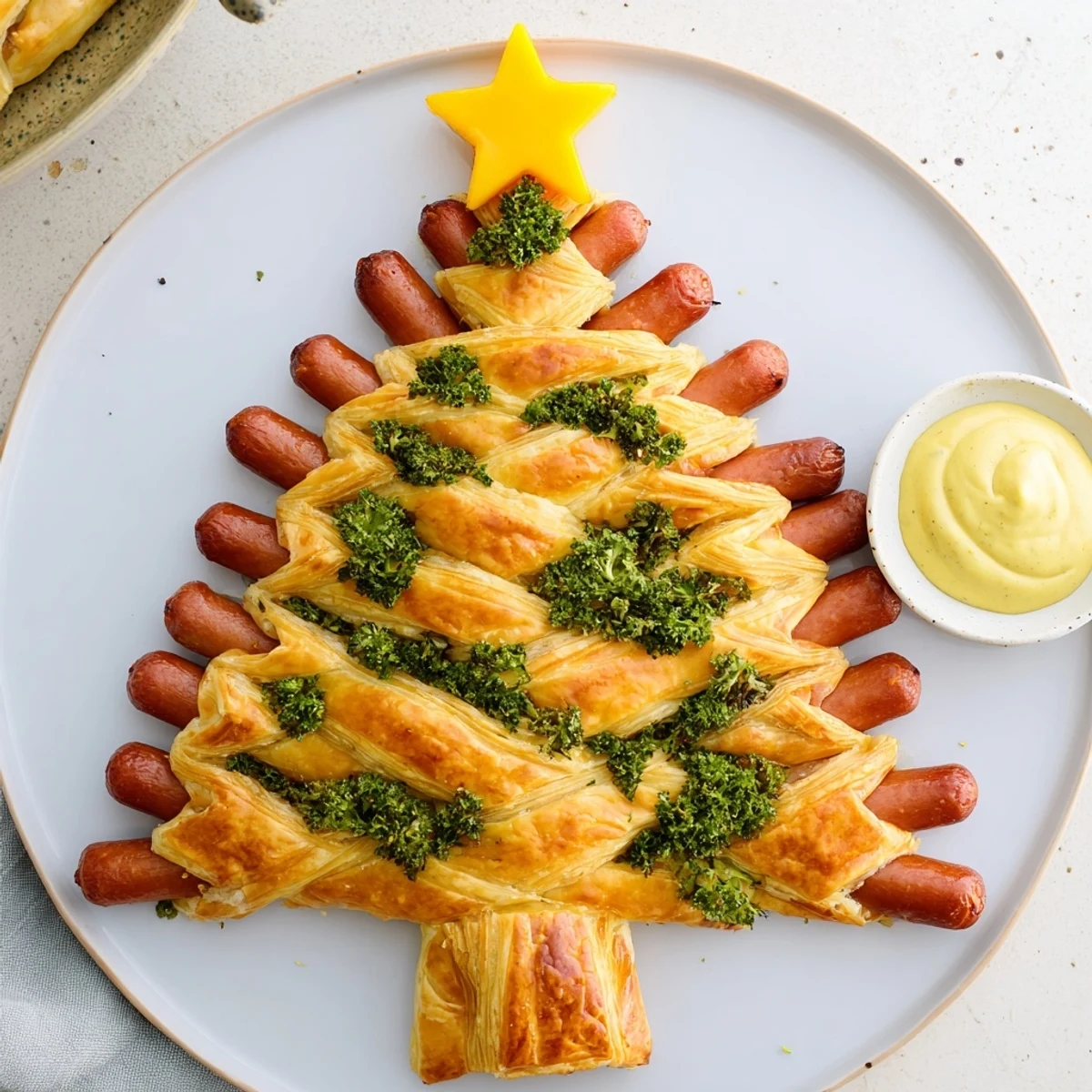 Freshly baked Express Pigs in Blanket Christmas Tree, showing the flaky pastry wrapping each mini sausage for festive joy.