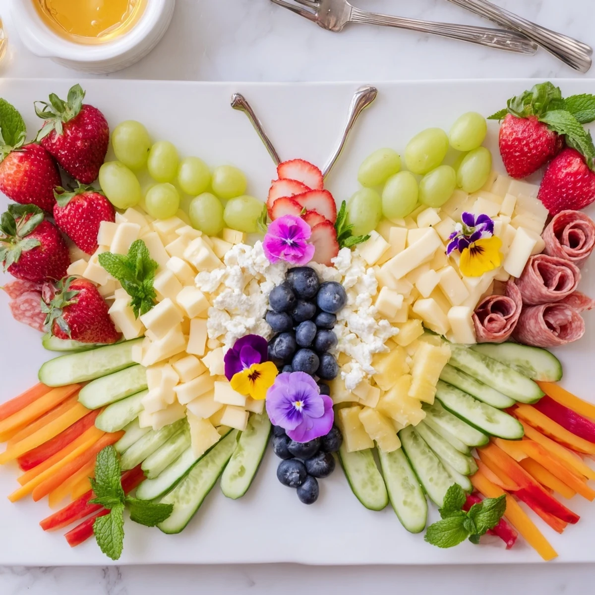 Butterfly Summer Board overflowing with fresh fruits, cheeses, and flowers for a delightful appetizer.