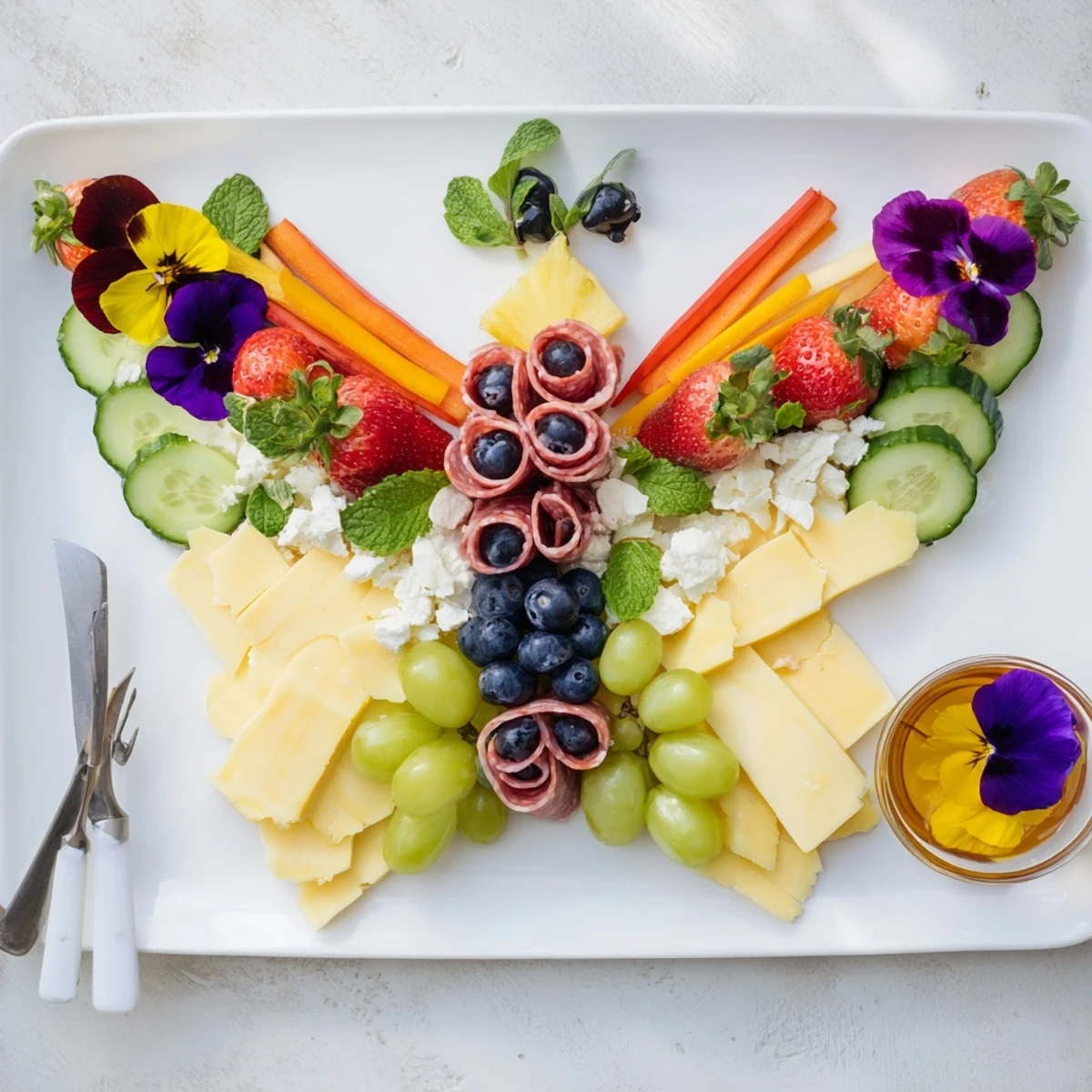 A gorgeous Butterfly Summer Board featuring colorful fruits and cheeses, perfect for summer gatherings.
