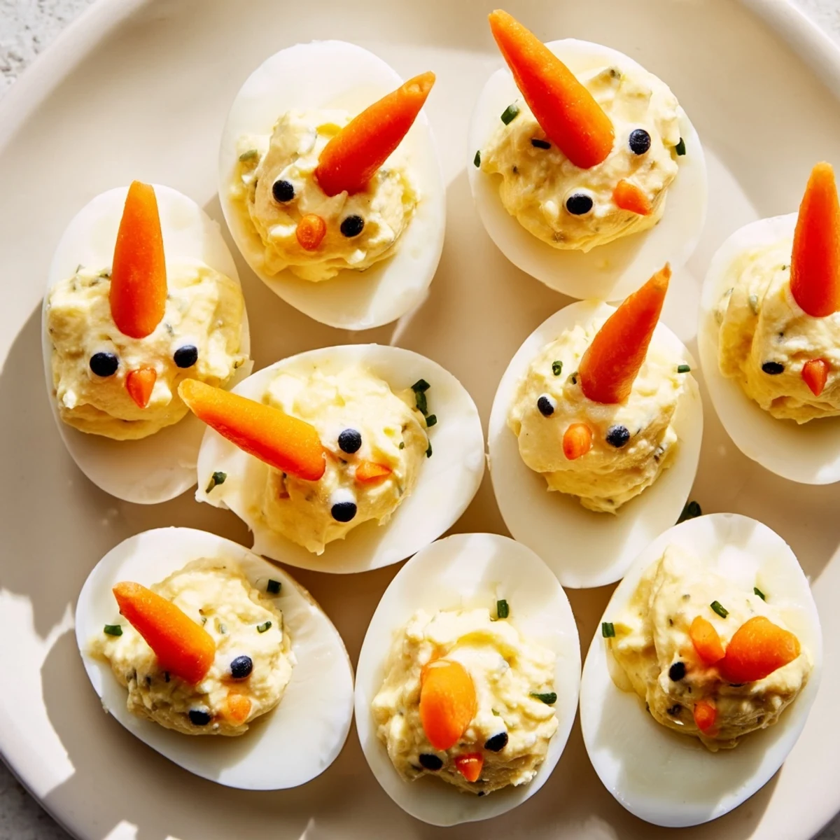 Creamy Chick & Duckling Snacks, arranged on a platter, with carrot beaks and pepper eyes for a lovely look.