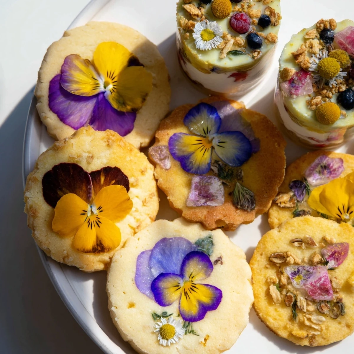 Beautiful spring flower dessert tray featuring colorful edible blossoms and sweet pastries.