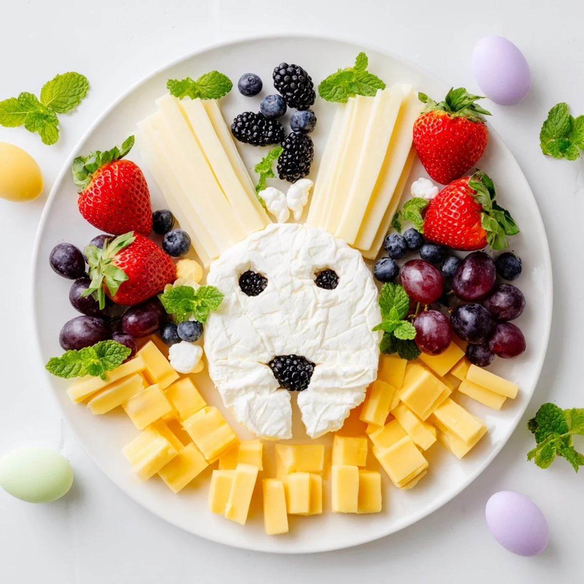 See the festive Bunny Ears Easter Board overflowing with delicious crackers, cheeses, and delightful sweets for sharing.