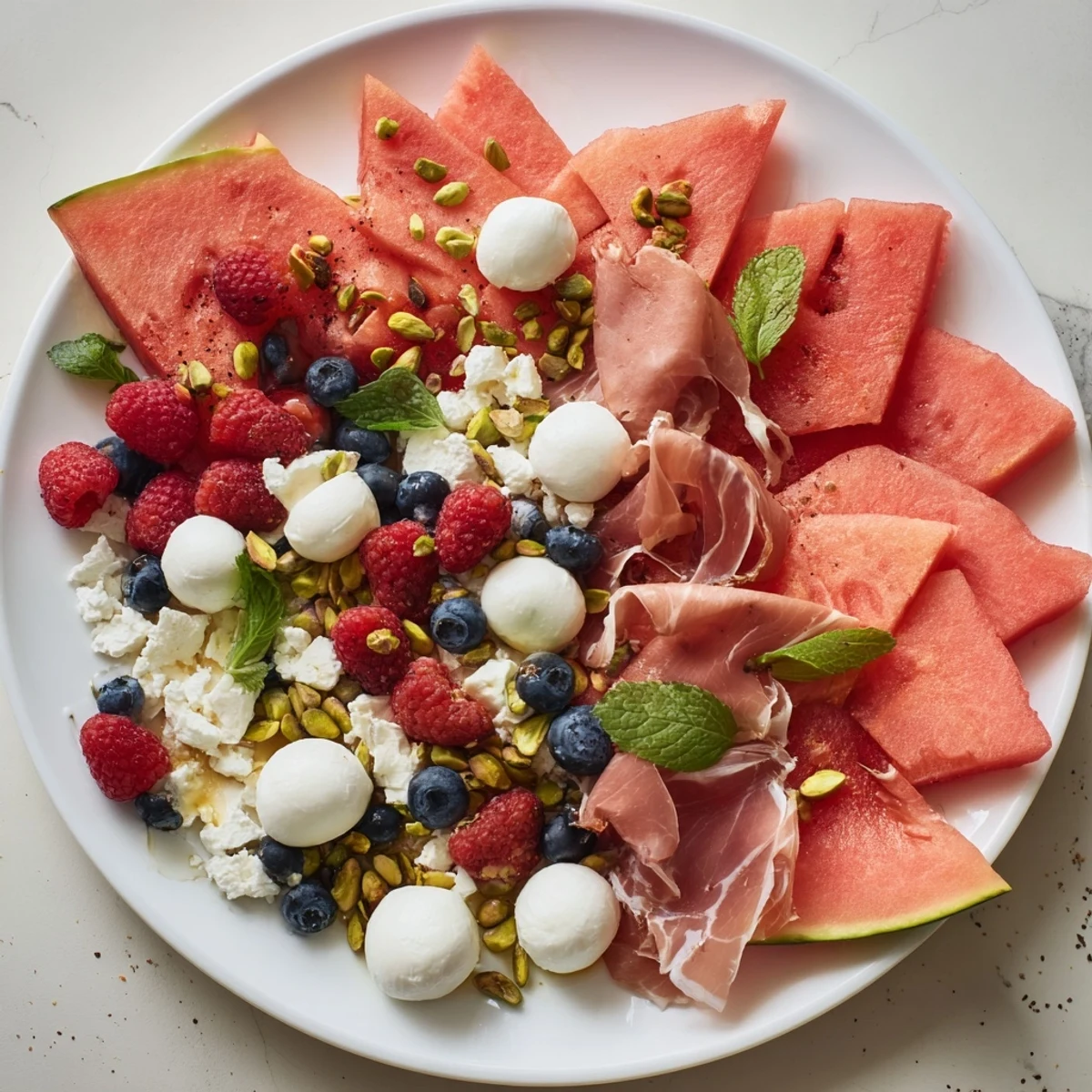 Vibrant Watermelon Slice Charcuterie platter brimming with sweet watermelon, savory prosciutto, and fresh berries.