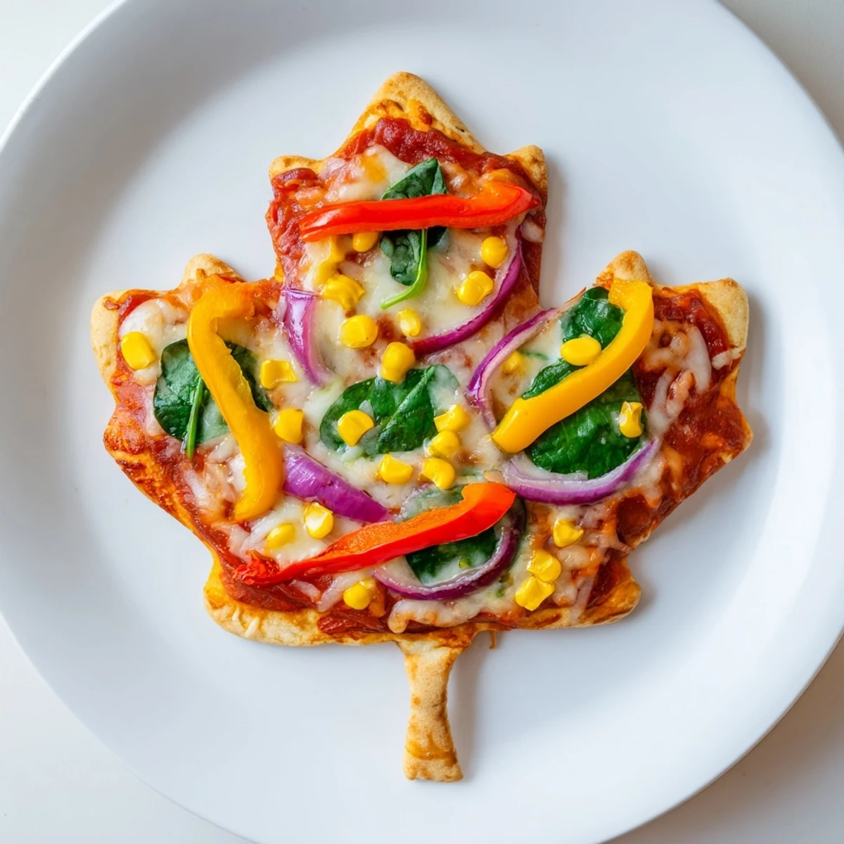Delectable Fall Foliage Maple Leaf Mini Pizzas, showcasing a sweet tomato base and colorful, roasted vegetables, ready to eat.