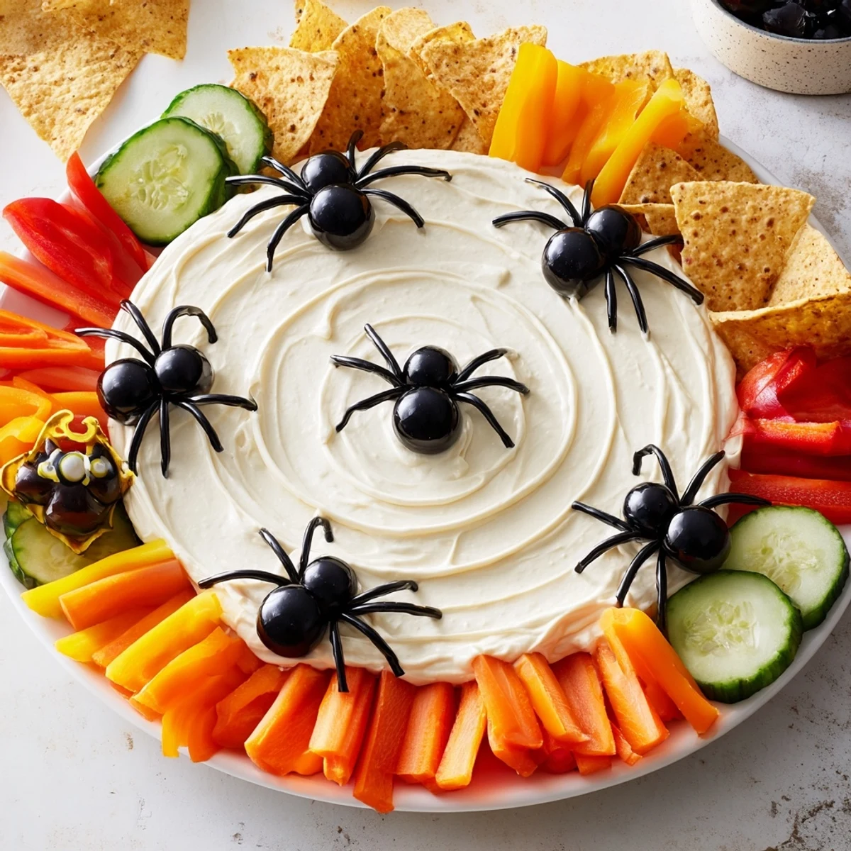 This easy Creepy Crawly Spiderweb Platter appetizer shows a creamy dip topped with a spooky spiderweb design.