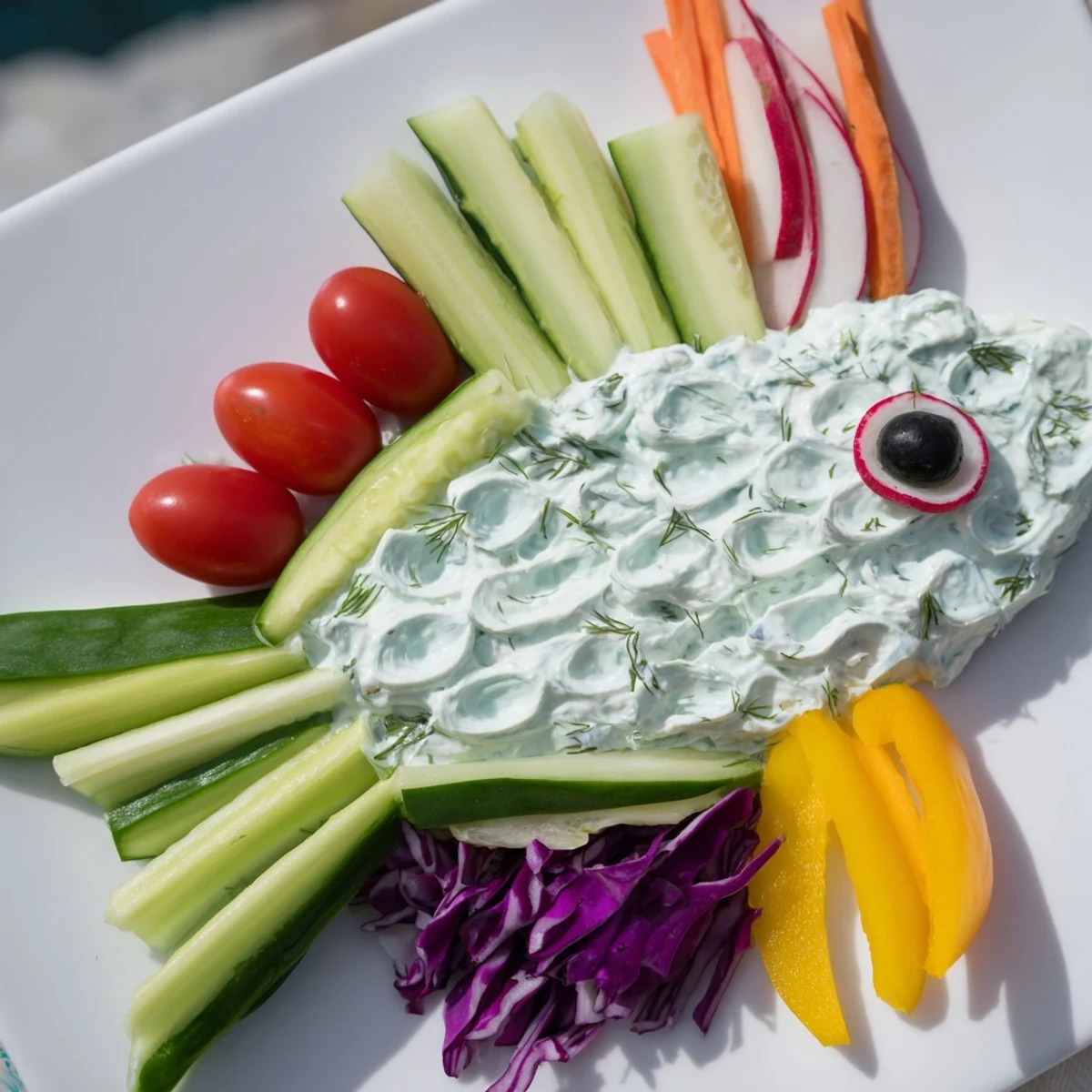 Ocean Blue Fish-Shaped Dip Tray, filled with vibrant veggies and creamy dips arranged like a fish.
