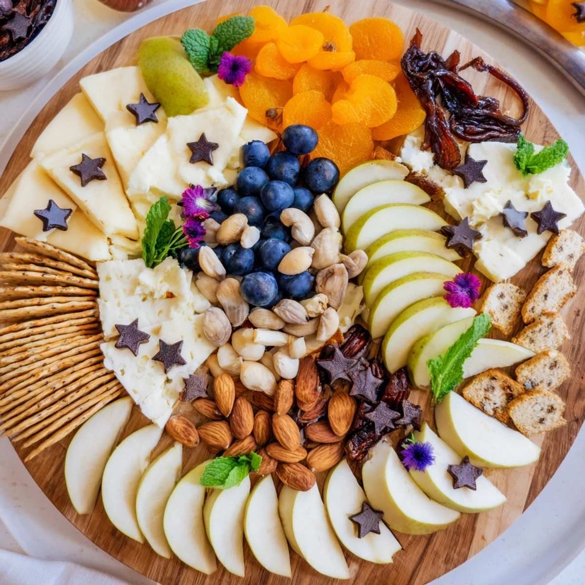 Crescent Moon Midnight Snack Board: A beautiful, detailed appetizer board with cheeses, fruits, and crackers awaiting enjoyment.
