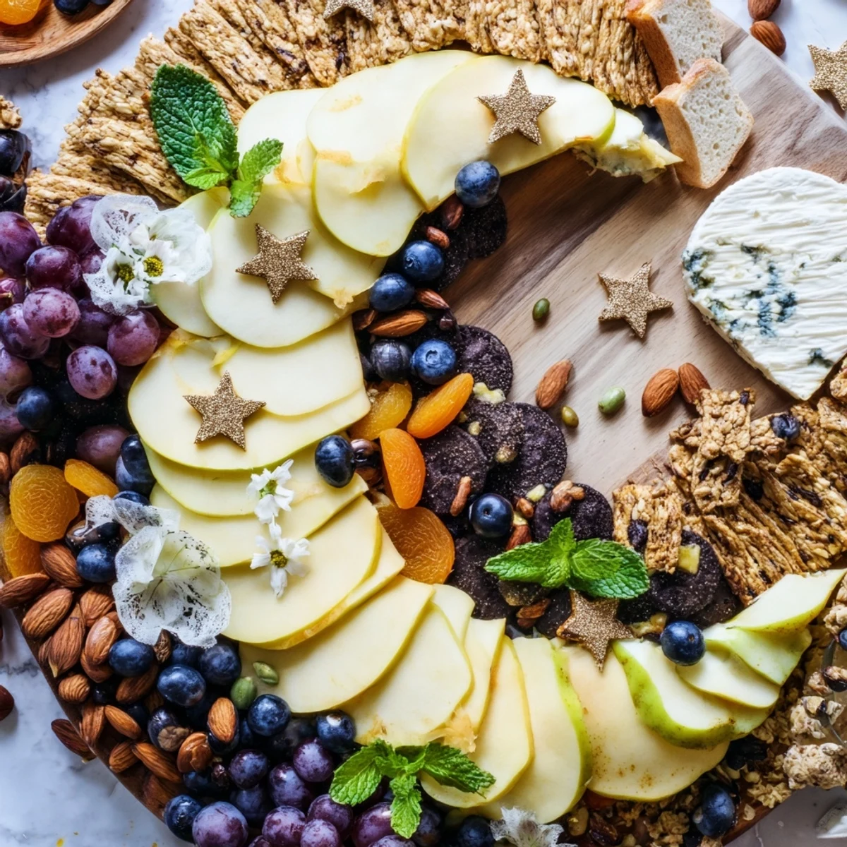 Imagine this Crescent Moon Midnight Snack Board: A visually stunning array of snacks and treats for a dreamy gathering.