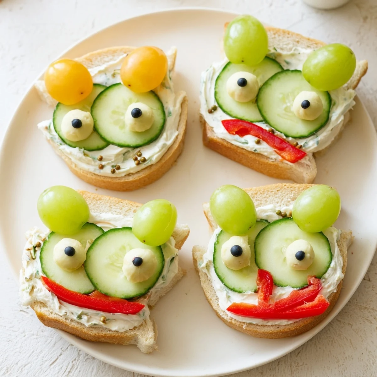 Delicious Prince Charming Froggy sandwiches, featuring creamy filling and radish cheeks, perfect for a lunch.