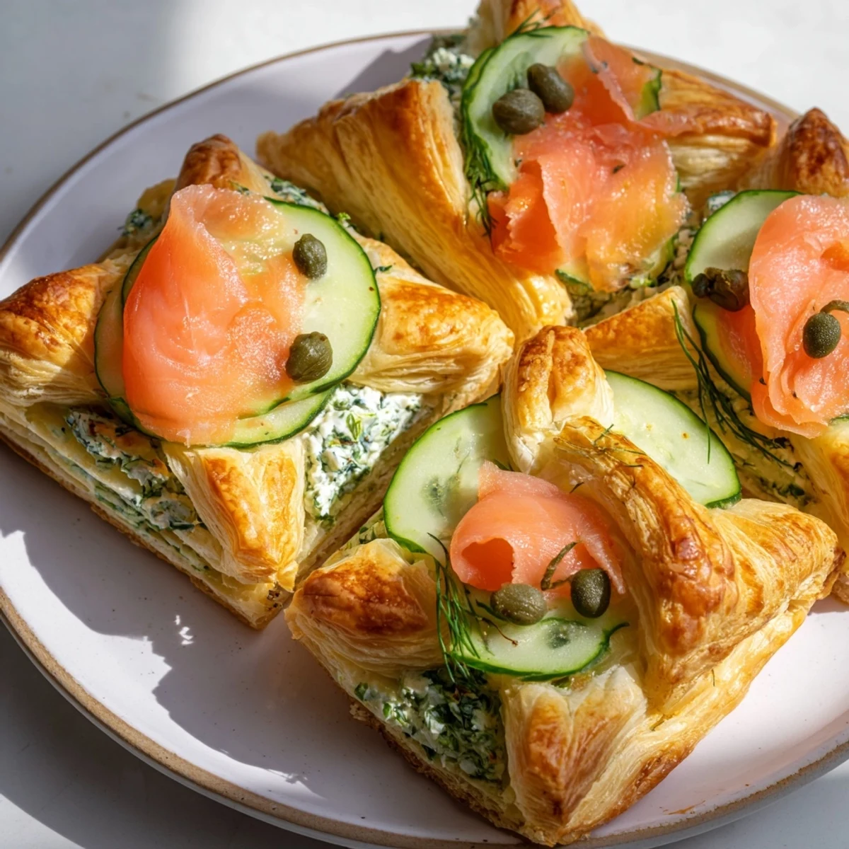 Close-up of flaky Étoiles Filantes appetizer with a flavorful herbed cream cheese filling and crispy pastry.