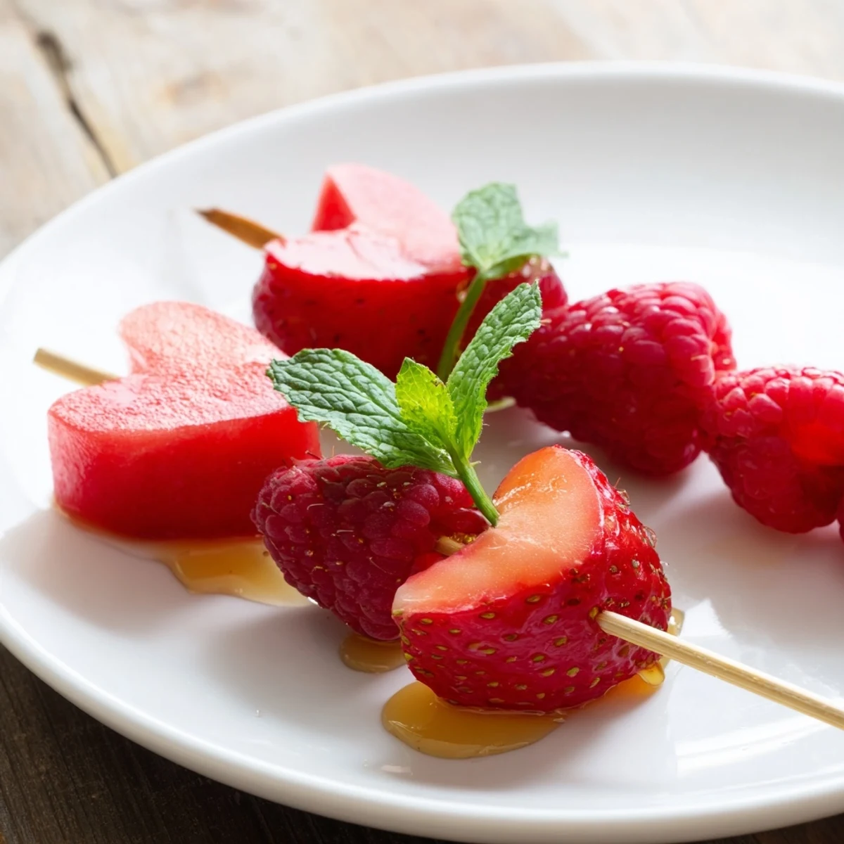 Sweet, juicy Red Heart Fruit Skewers, a delightful homemade treat featuring vibrant heart-shaped strawberry pieces.