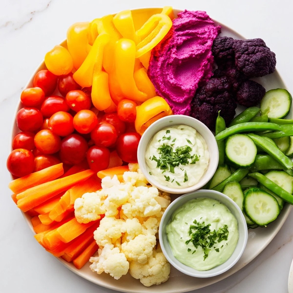 Enjoy this easy appetizer of Rainbow Vegetable Dips, showcasing a rainbow of fresh veggies with homemade dips.