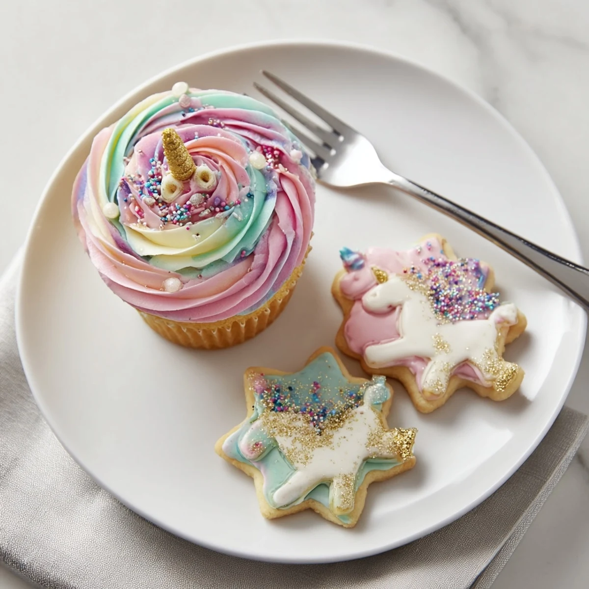 A vibrant spread of Magical Unicorn Dessert Table treats featuring colorful cupcakes and cookies.
