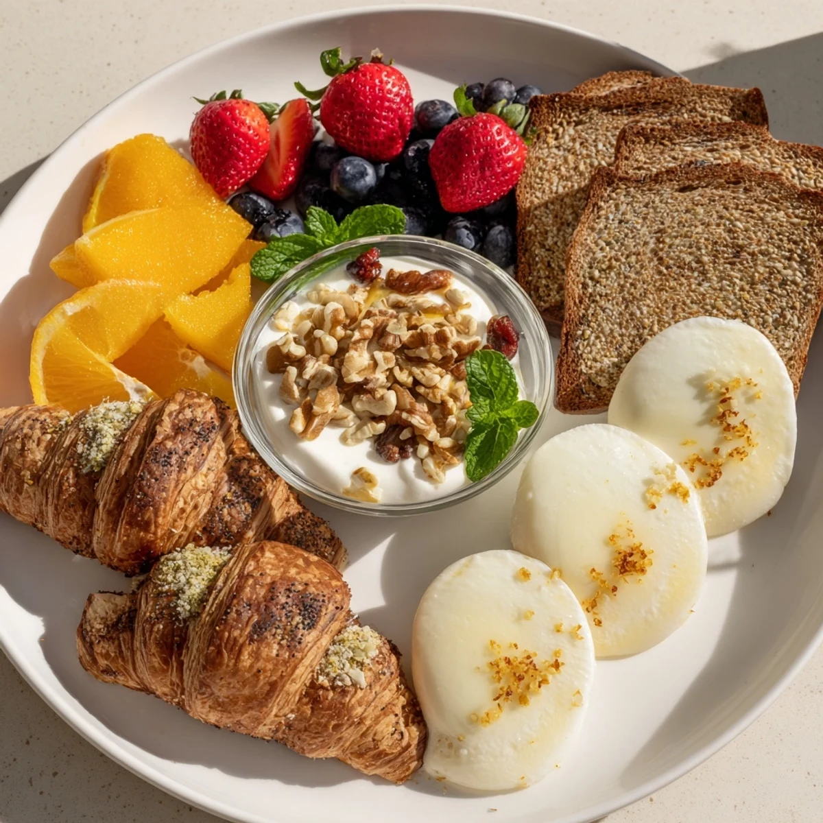 Vibrant Soleil Matinal Breakfast Platter with fresh fruit, toasted bread and golden sunny-side-up eggs.