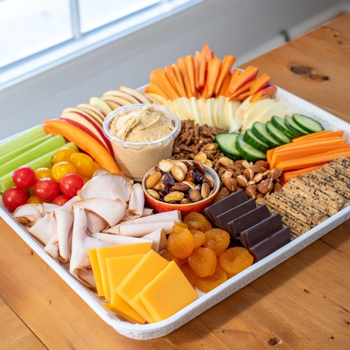 Road trip snack platter: a colorful array of fresh fruits, savory cheddar, and pretzels, ready to eat!