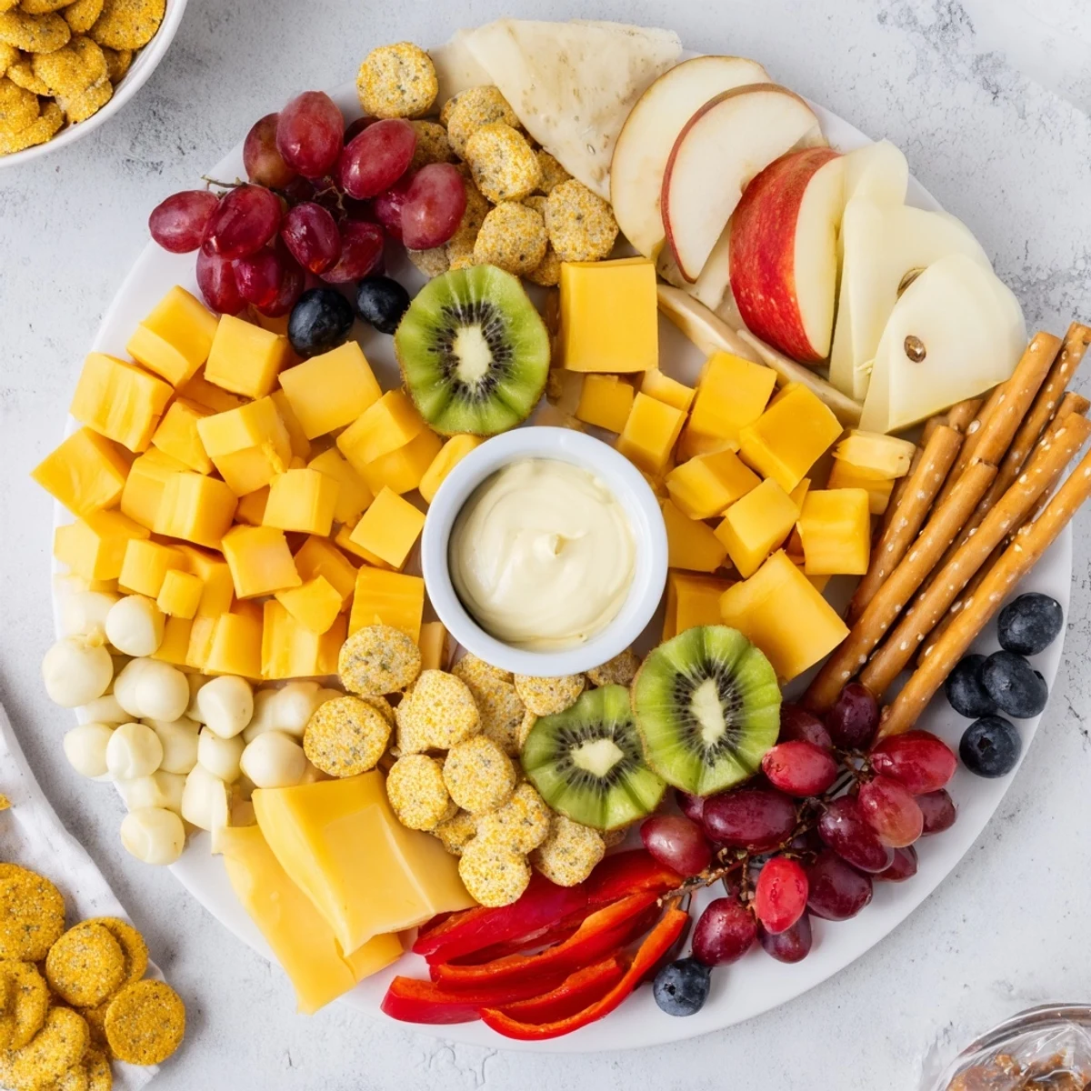 Spaceship Launch Snack Board bursting with colorful fruits, cheeses, and crunchy crackers ready to enjoy.