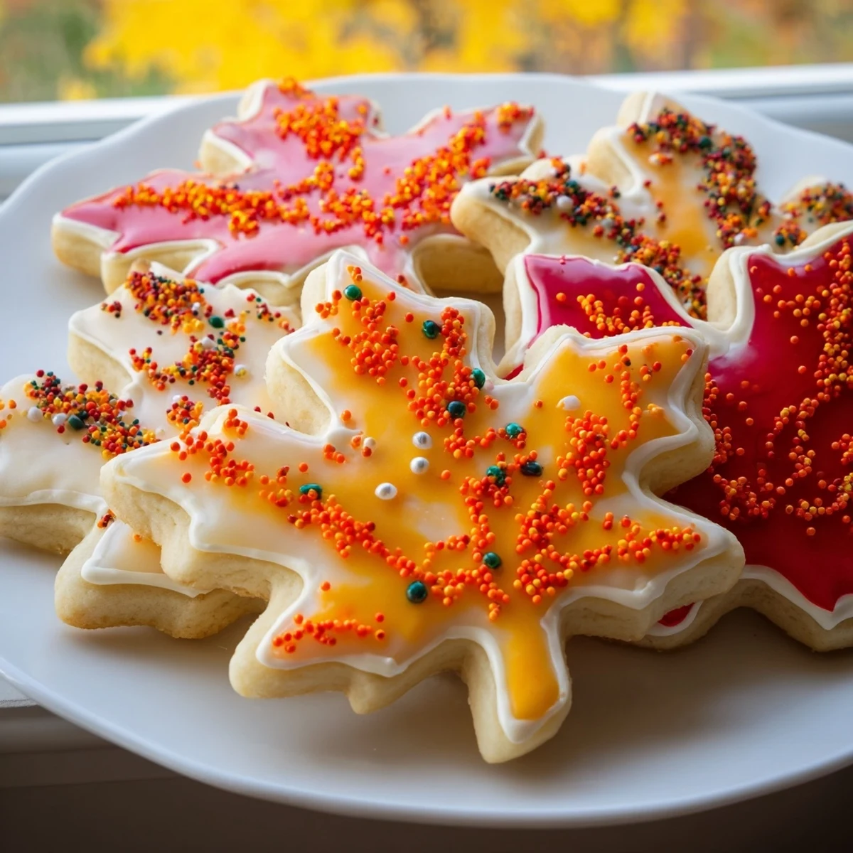 Freshly baked maple leaf cookie decorating kit, ready to be transformed into autumn-themed treats.