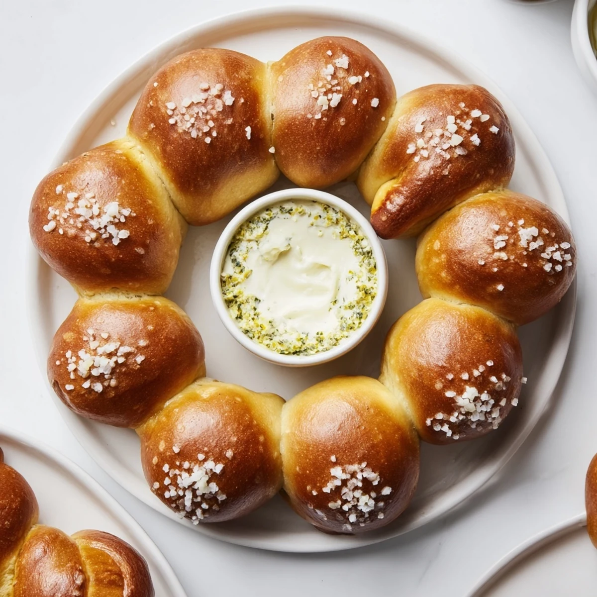 A warm spinach dip centers this Pretzel Wreath Dip Ring, surrounded by baked pretzel bites.
