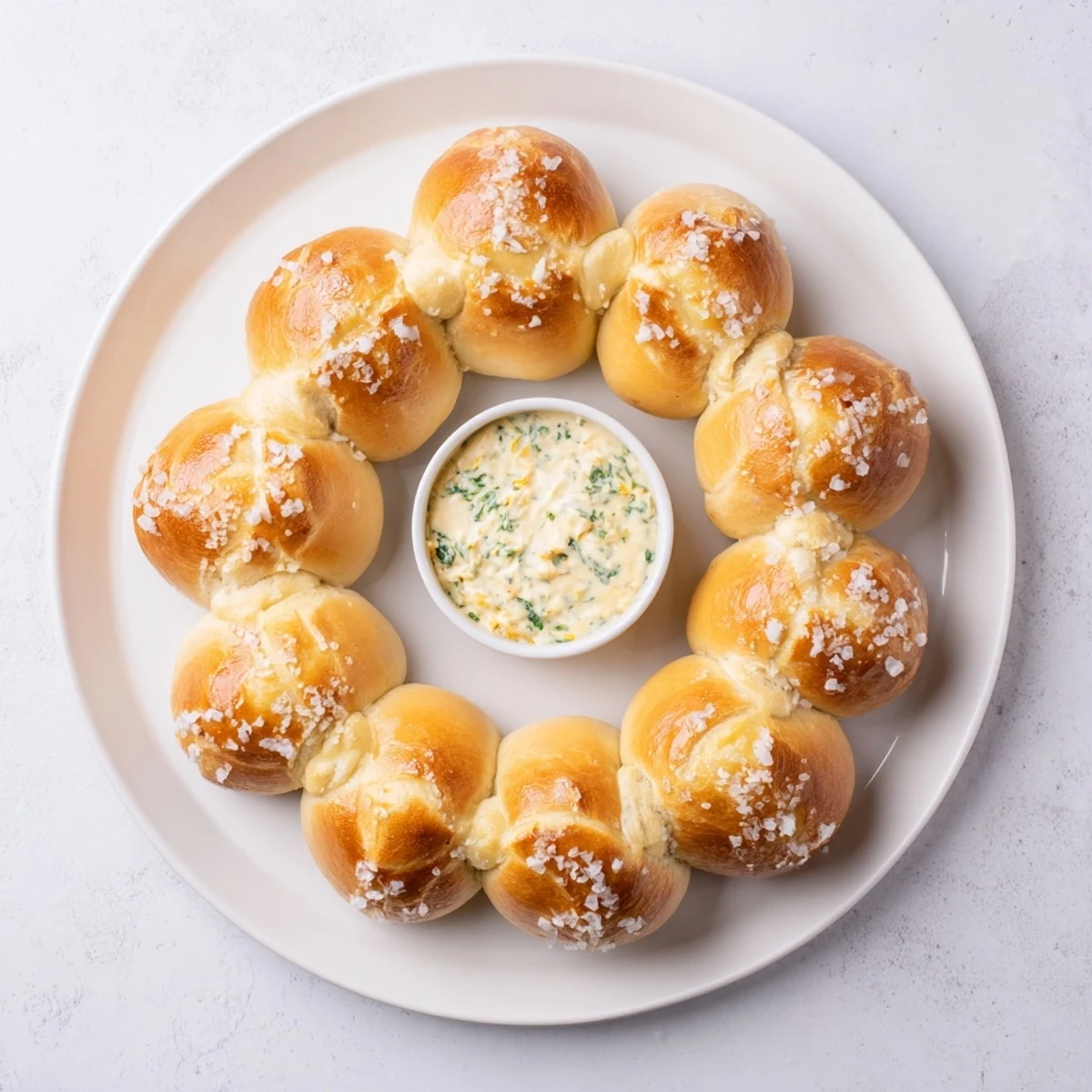 Golden brown pretzel wreath dip ring with melted cheese, perfect for a party.