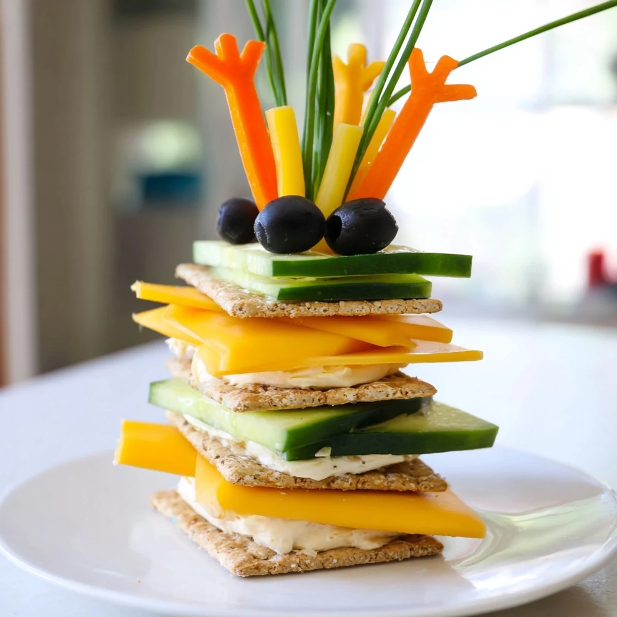 Stacked Giraffe Tall Cracker Snacks: a colorful arrangement of cheese, crackers, cucumber, and carrot for a fun lunch.