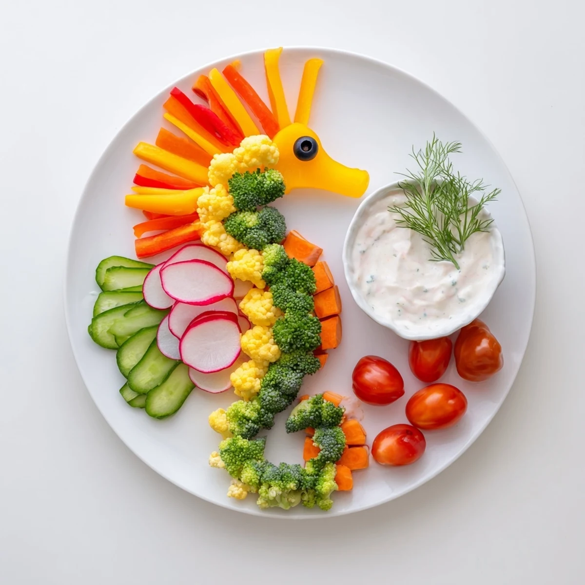 This festive Seahorse Veggie Dip Platter includes colorful bell peppers, ideal for a party appetizer.