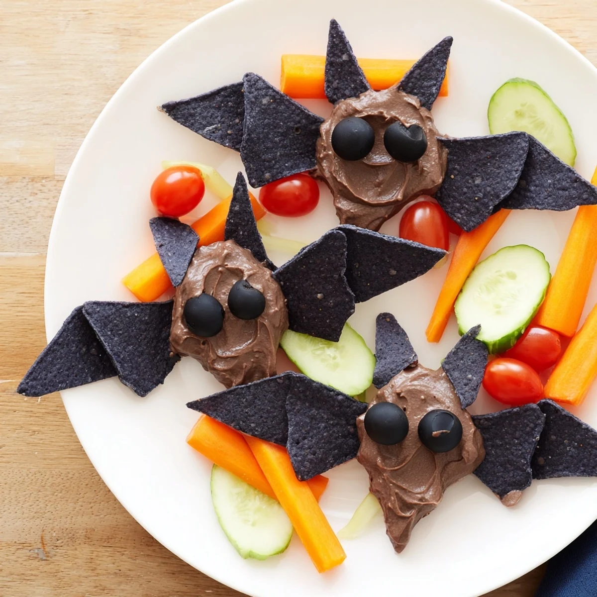 Vibrant Spooky Bat Bean Dip Platter, a festive Halloween appetizer with black olive bat faces, ready to eat!